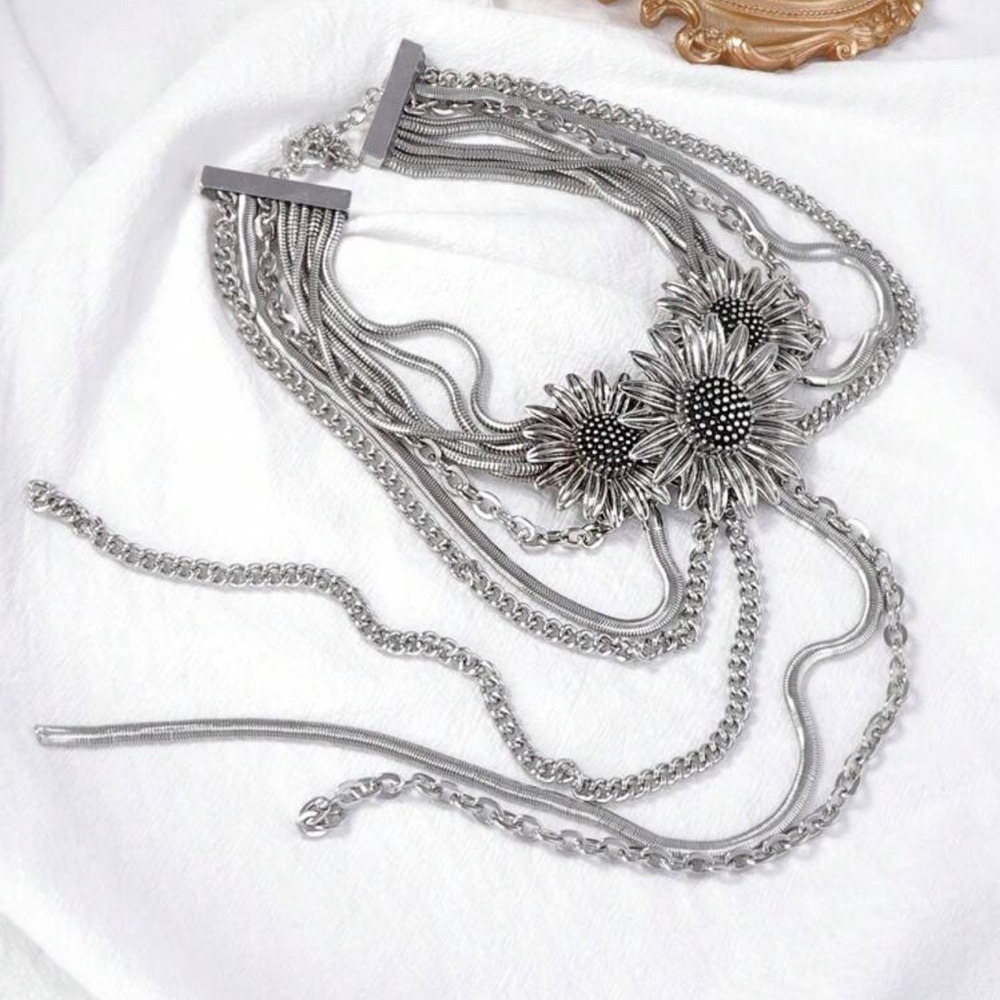 Stainless Steel Sunflower Choker Necklace & Earrings Set Boho Statement Silver - Picture 5 of 10